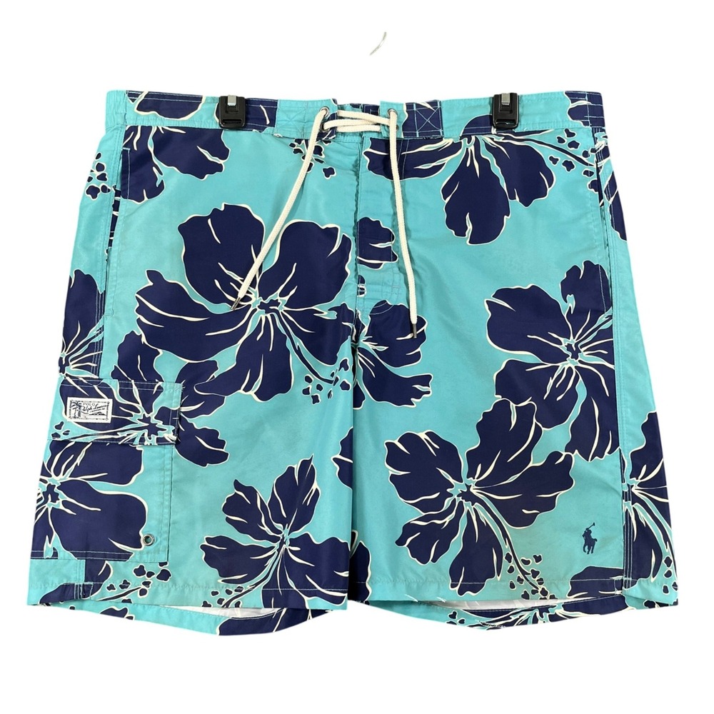 Polo Ralph Lauren Swim Trunks Mens L Turquoise Navy Hibiscus Cargo Pocket